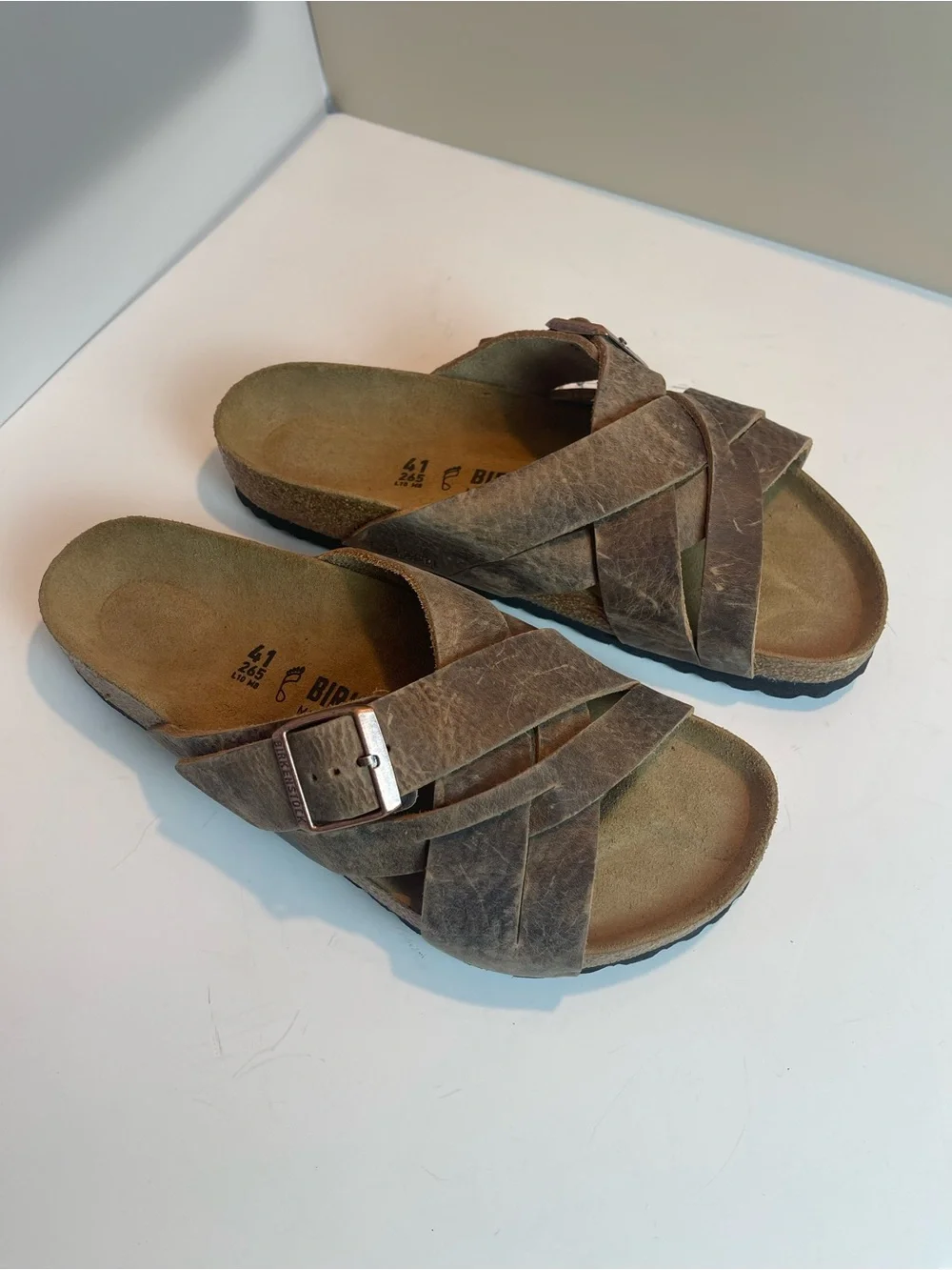 BIRKENSTOCK Lugano Camberra Oiled Leather Sandals Brown Size 41